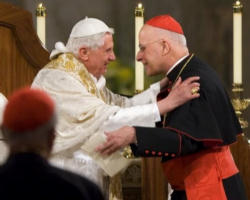 Image of Cardinal George shown greeting Pope Benedict XVI. Cardinal Francis George, the conference president, affirmed that with the coming changes, 'there is a tremendous moment of religious renewal that is possible now.'
