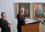 Image of Doug MacDonald, right, Director of security of the Knights of Columbus; Patrick Korten, left, Vice President for Communications, respond to lawsuits by two men previously involved in the Columbian Squires program. Photo credit: Peter Casolino/New Haven Register